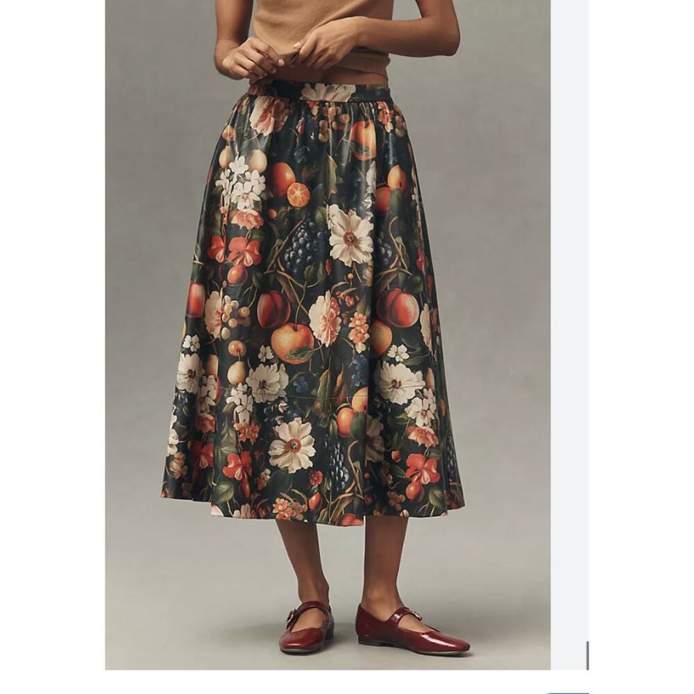 Anthropologie Floral & Fruit Print Maxi Skirt in Black, Cream, Peach